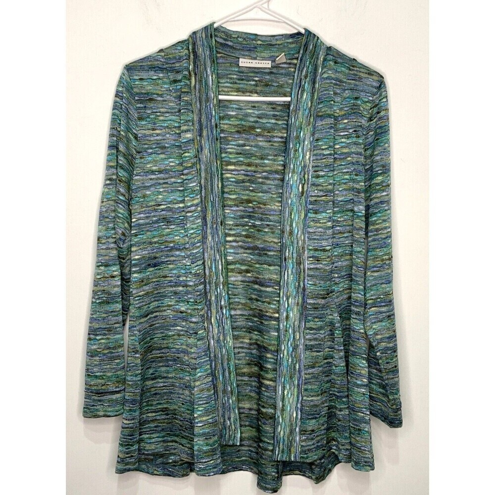 Susan Graver Open Front Cardigan Blues Greens Size XS